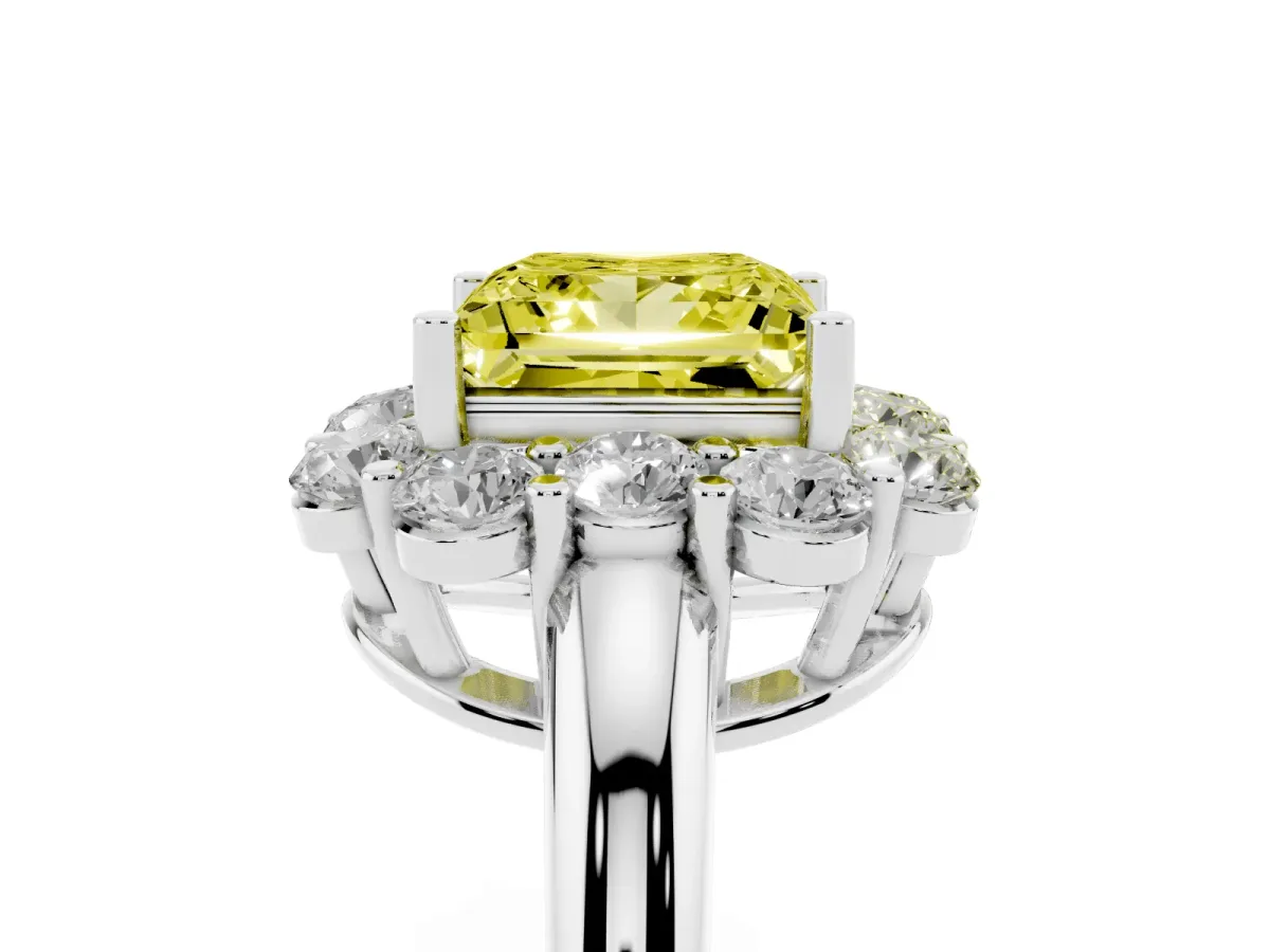 Fancy Yellow Princess Cut Halo Milgrain Solitaire with Bezel Set Side Stones and Pave Band Silver