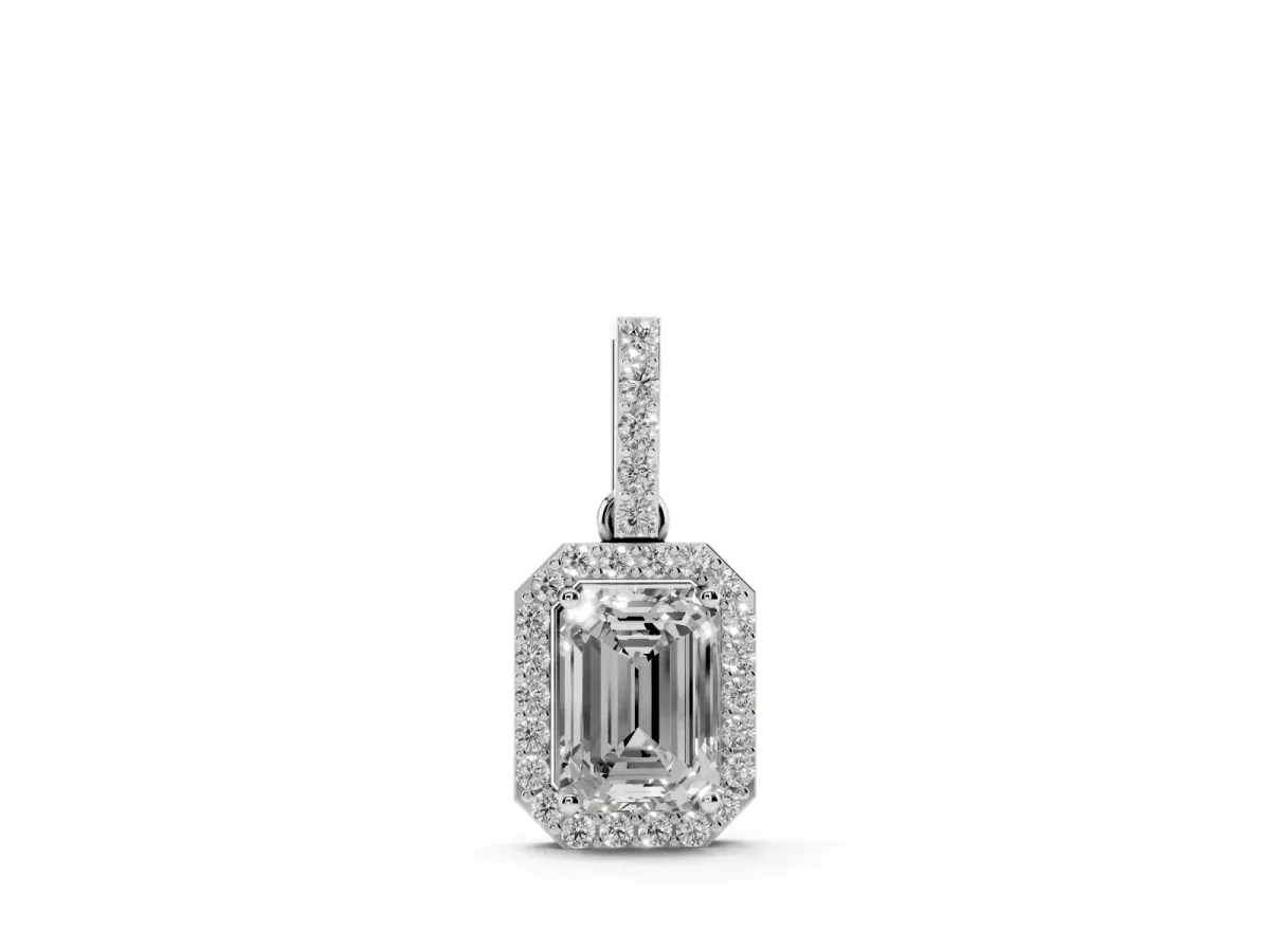 Emerald Cut Halo Diamond Pendant with Prong Setting White gold