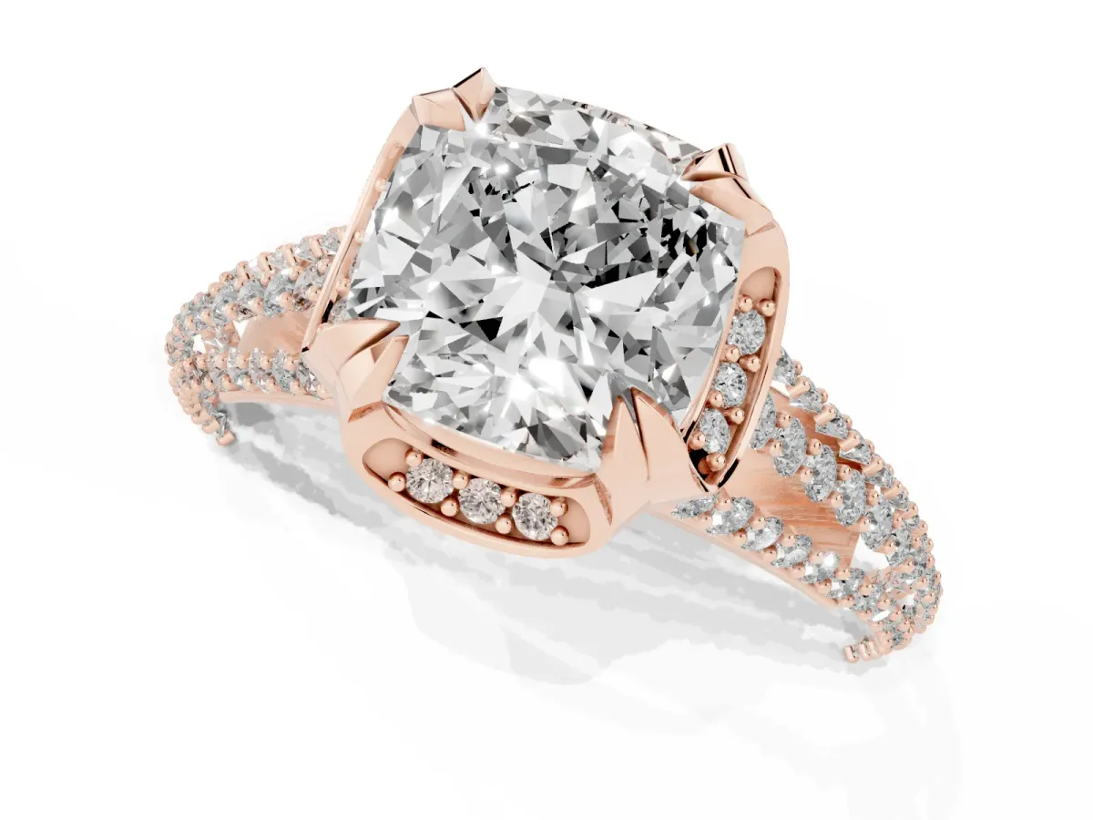 Cushion Cut Solitaire Pave Split Shank Ring with Four-Prong Setting Rose gold