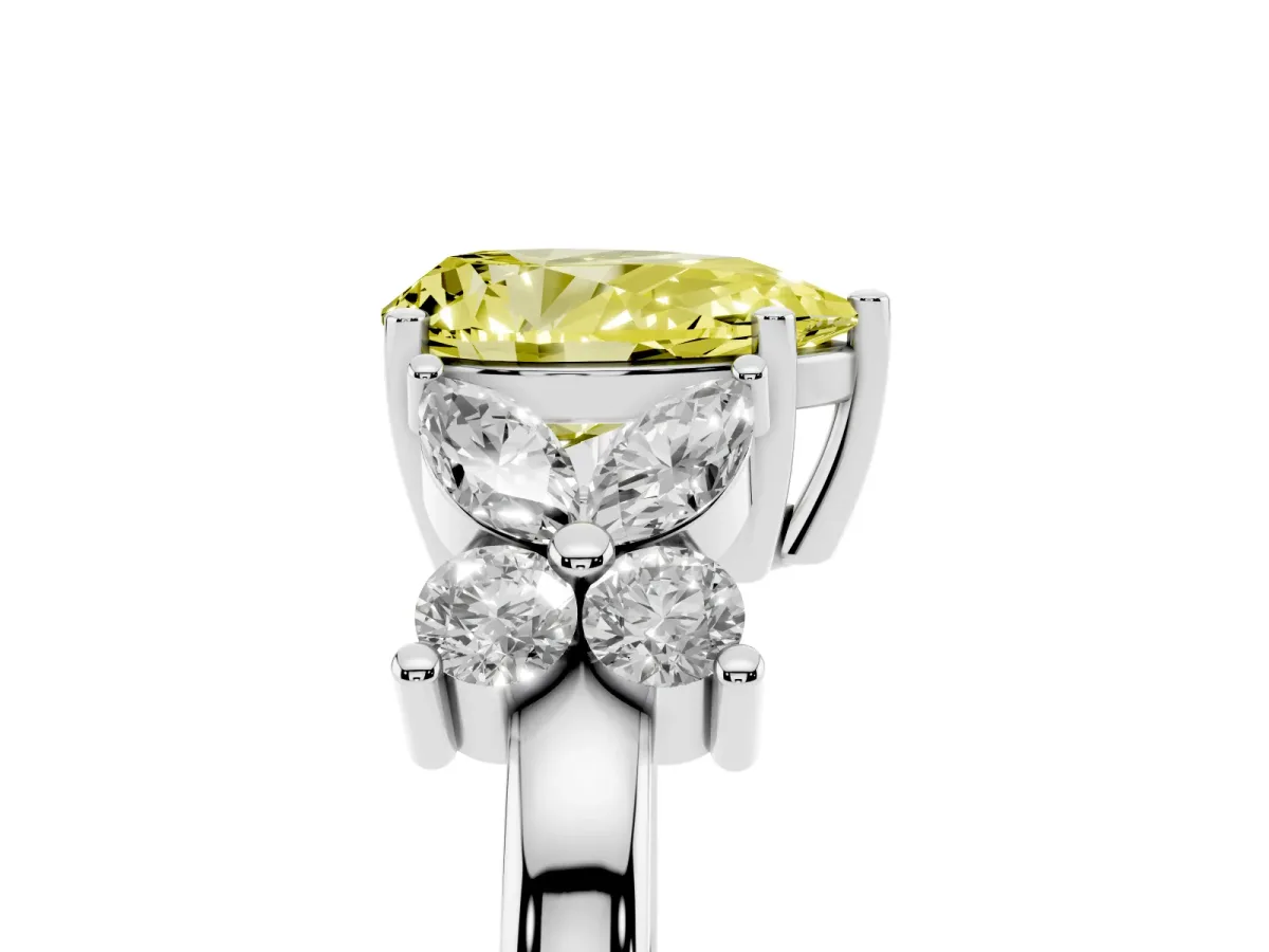 Fancy Yellow Pear Cut Diamond Floral Cluster Ring with Solitaire Band and Prong Setting White gold