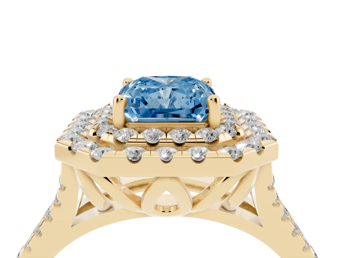 Fancy Blue Double Halo Radiant Cut Diamond Pavé Split Shank Ring with Prong Setting Yellow gold