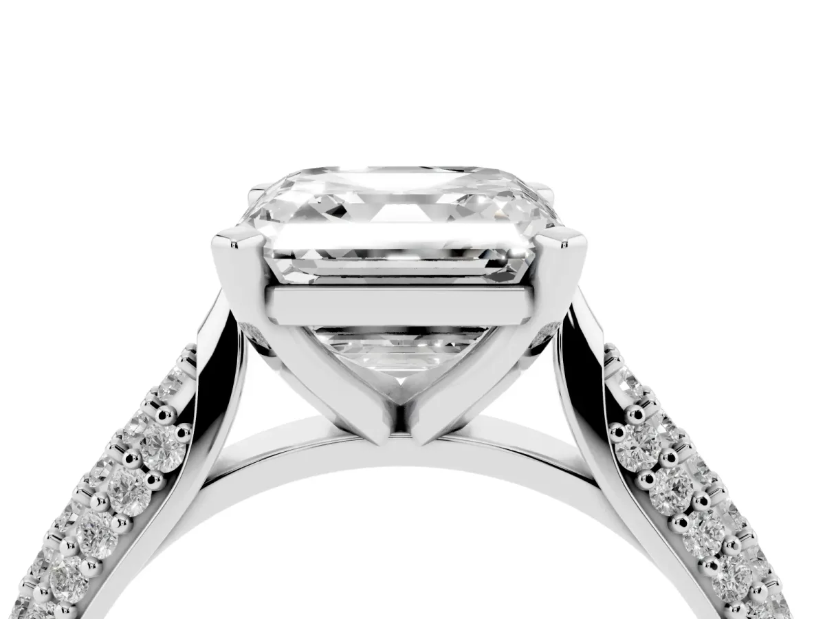 Asscher Cut Diamond Solitaire Engagement Ring with Multi-Row Round Pavé Band and Prong Setting Silver