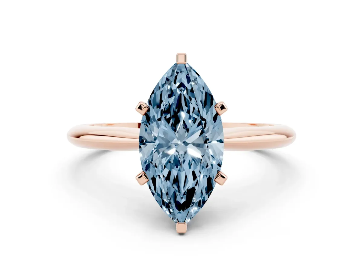 Fancy Blue Marquise Cut Cut Solitaire Ring with Four-Prong Setting on a Classic Band Rose gold