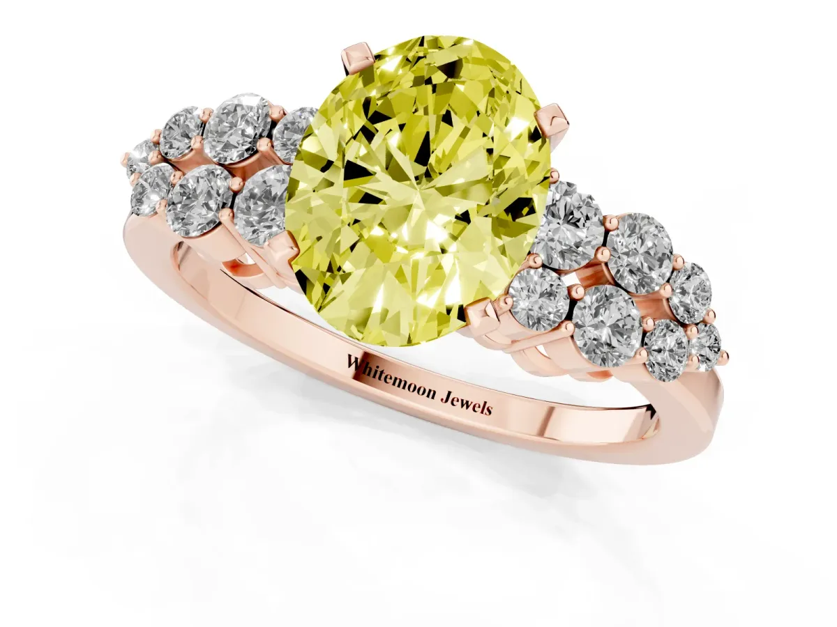Fancy Yellow Oval Cut Cluster Diamond Engagement Ring with Pavé Band and Four-Prong Setting Rose gold