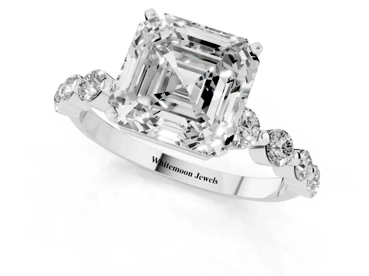Asscher Cut Solitaire Diamond Ring with Pave Band and Four-Prong Setting Silver