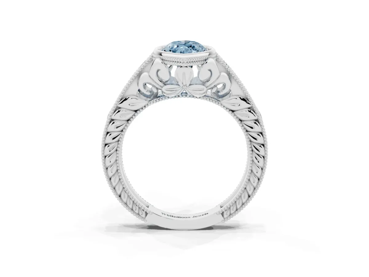 Fancy Blue Bezel Set Marquise Cut Diamond Milgrain Pave Engagement Ring Silver