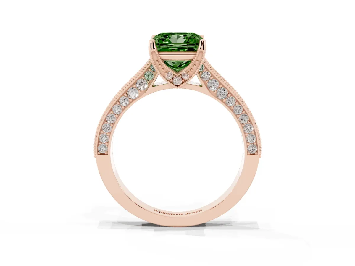Fancy Green Princess Cut Cut Diamond Solitaire Ring with Milgrain Pave Band and Four Prong Setting Rose gold