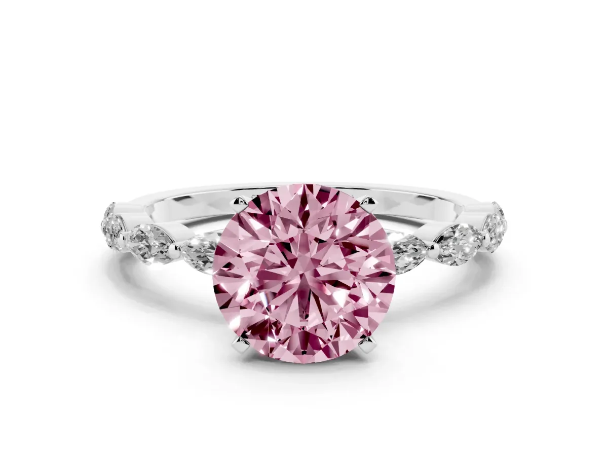 Fancy Pink Round Cut Diamond Ring with Marquise Side Stones and Prong Setting Silver