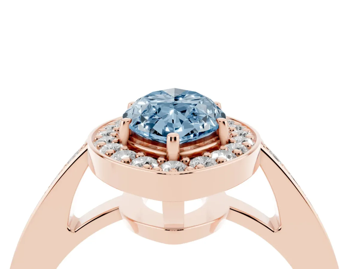 Fancy Blue Marquise Cut Halo Pavé Diamond Engagement Ring with Bezel Setting Rose gold