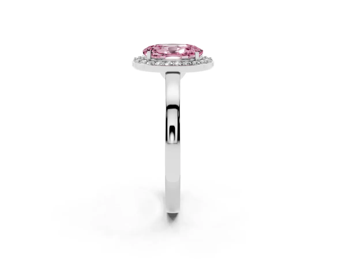 Fancy Pink Oval Cut Halo Diamond Ring with Solitaire Band and Prong Setting Silver