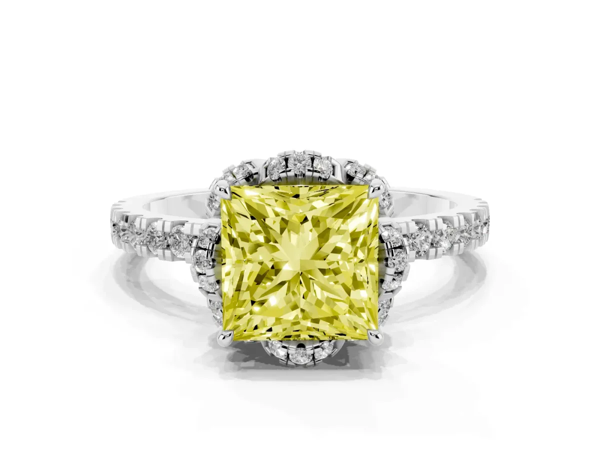 Fancy Yellow Princess Cut Halo Diamond Pave Band Ring with Four-Prong Setting Platinum