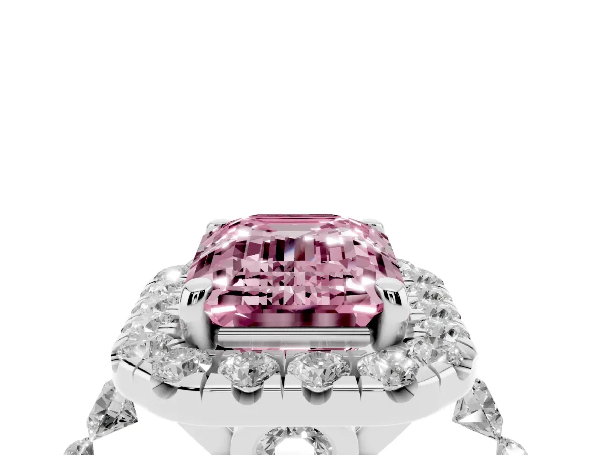 Fancy Pink Emerald Cut Halo Pavé Diamond Engagement Ring with Four-Prong Setting Silver