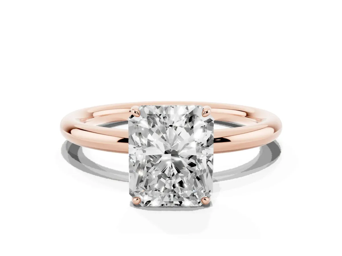 Radiant Cut Solitaire Diamond Ring with Four-Prong Setting on a Plain Band Rose gold