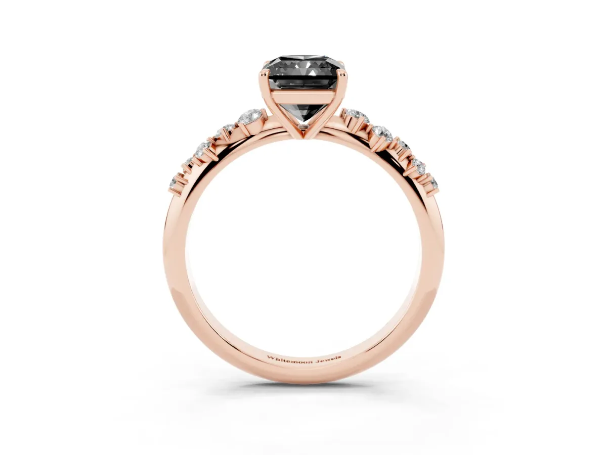 Fancy Black Radiant Cut Diamond Cluster Side Stone Solitaire Ring with Prong Setting Rose gold