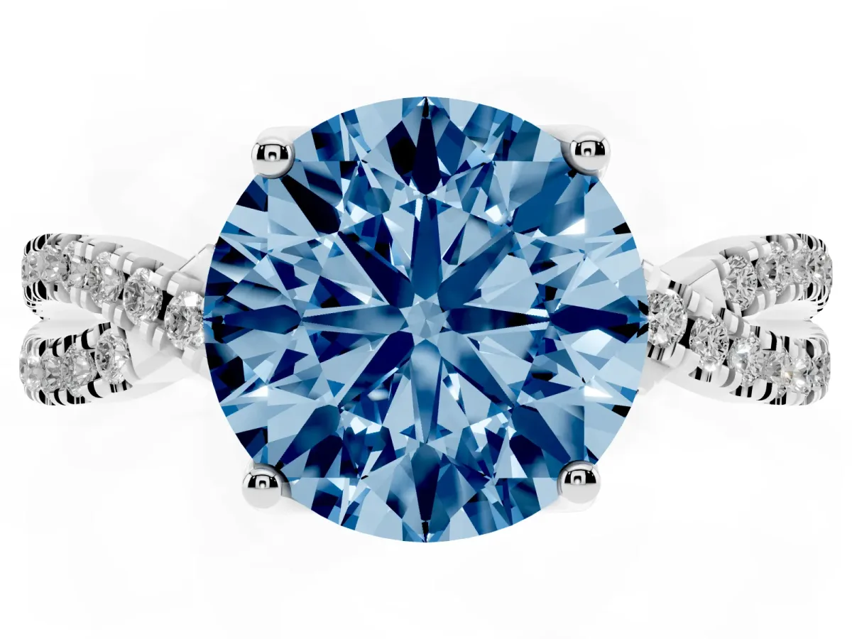 Fancy Blue Round Cut Solitaire Twist Pave Diamond Engagement Ring with Prong Setting Silver