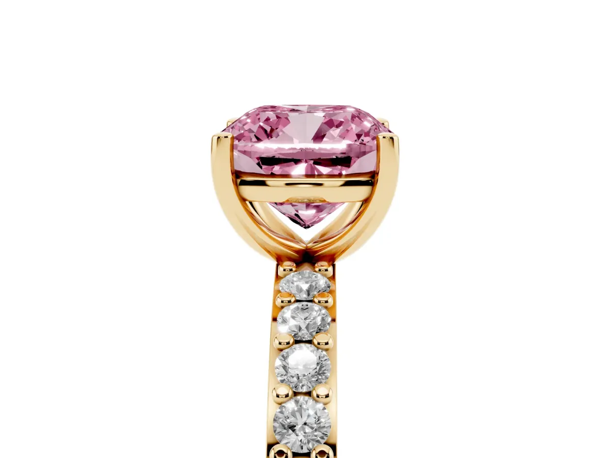 Fancy Pink Cushion Cut Cut Diamond Solitaire with Pave Band and Four-Prong Setting Yellow gold