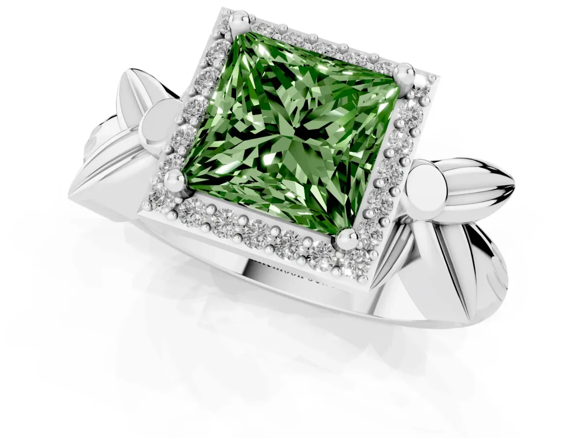 Fancy Green Princess Cut Halo Diamond Floral Band with Four-Prong Setting Silver
