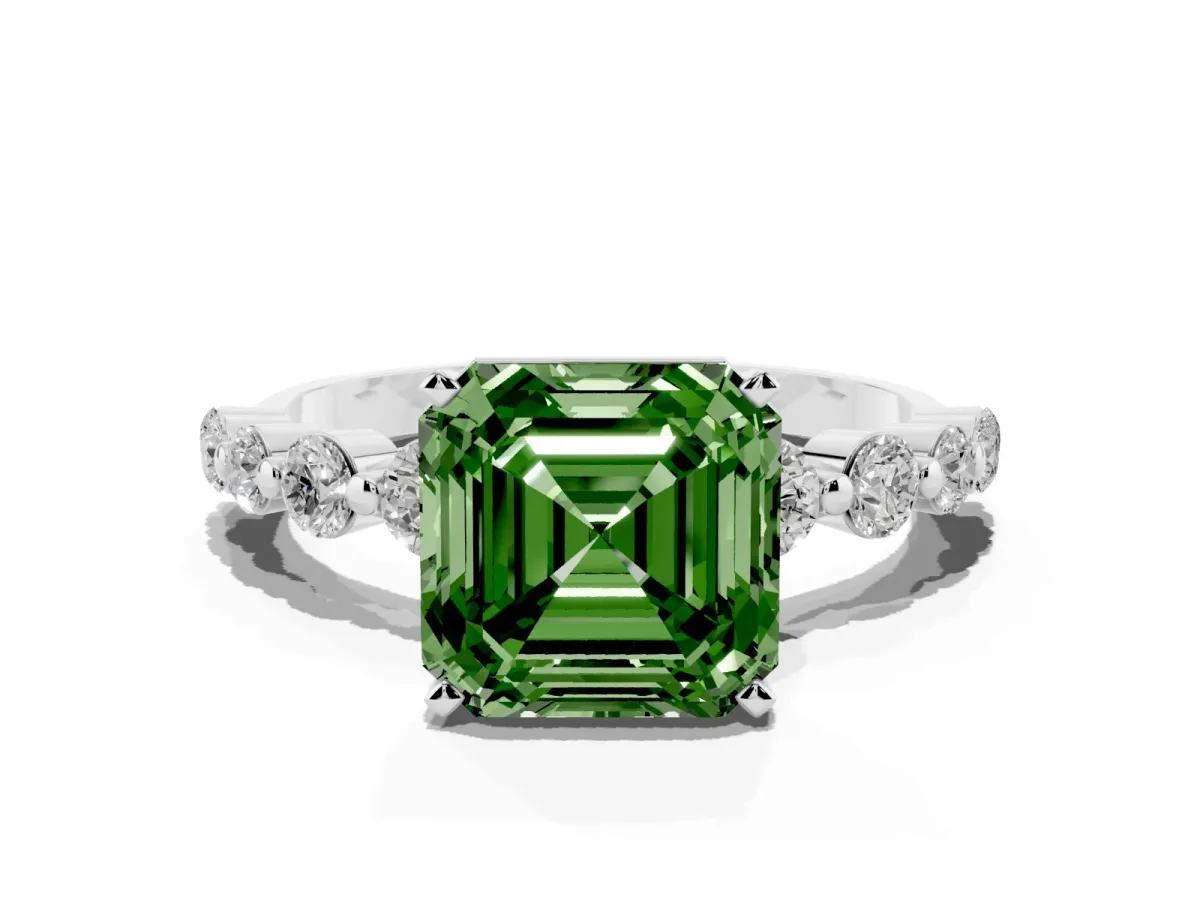 Fancy Green Asscher Cut Solitaire Diamond Ring with Pave Band and Four-Prong Setting Silver