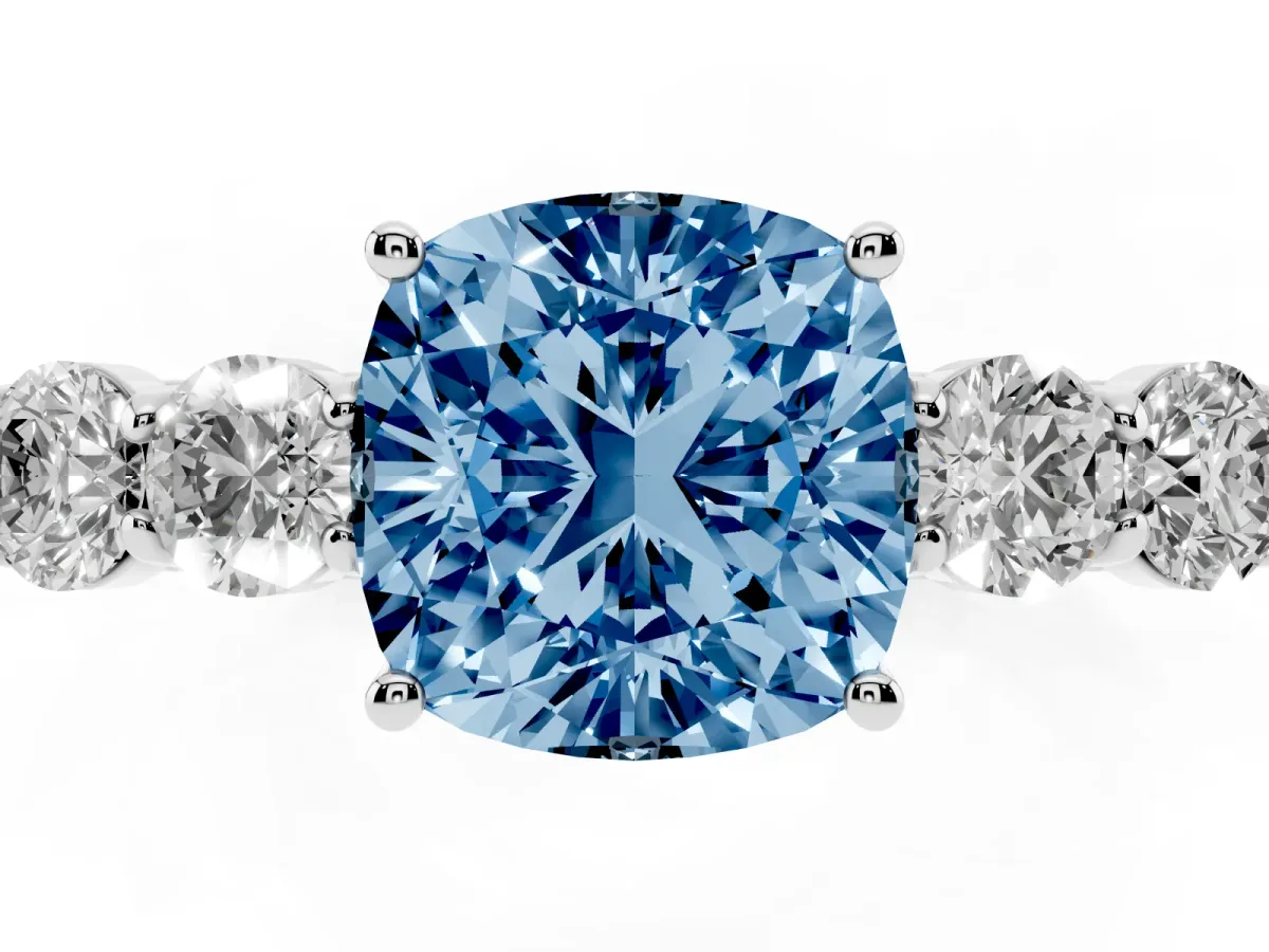 Fancy Blue Cushion Cut Cut Diamond Five-Stone Prong Set White Gold Ring Silver