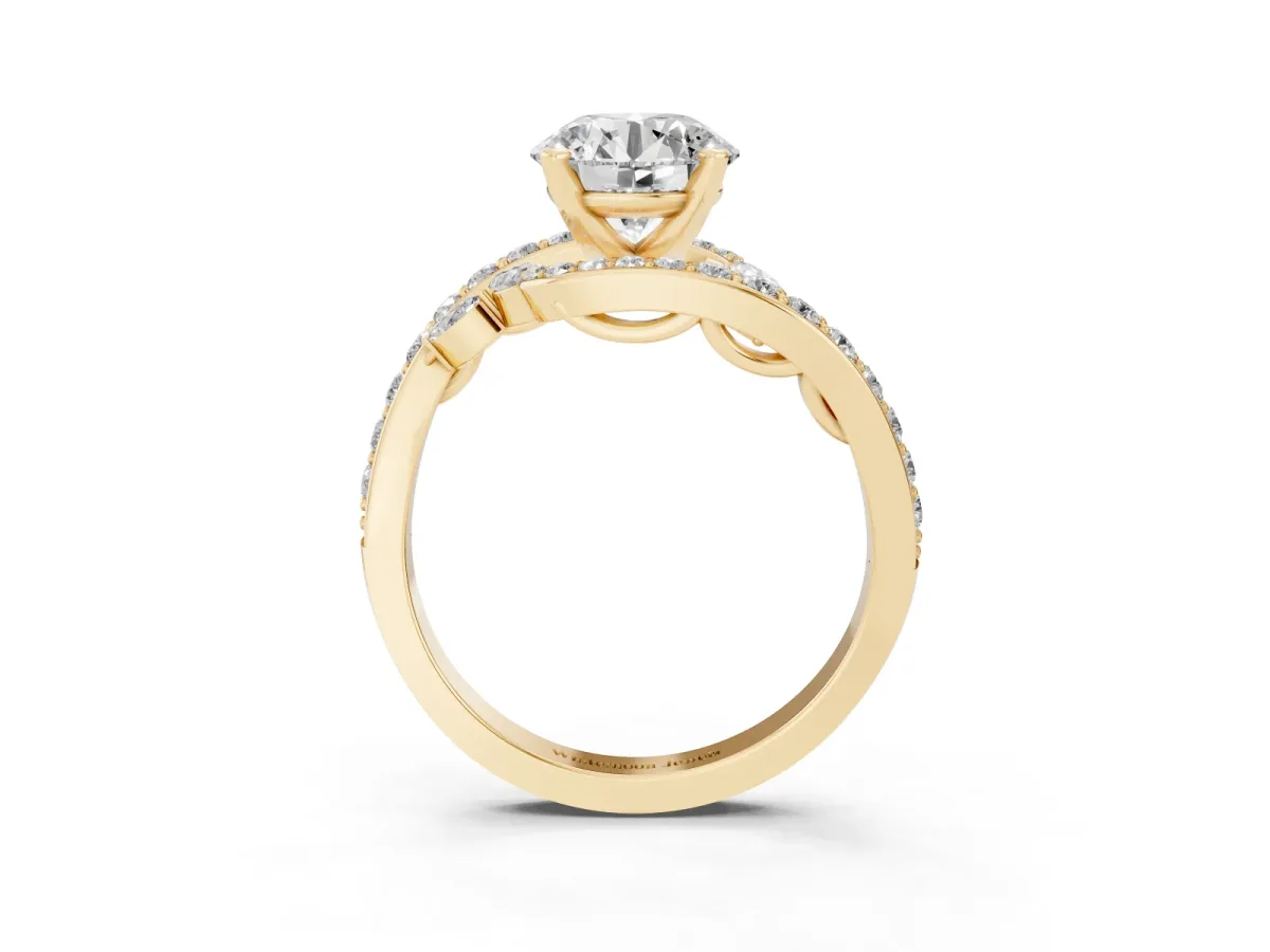 Round Cut Solitaire with Pavé Twist Band and Four-Prong Setting Yellow gold