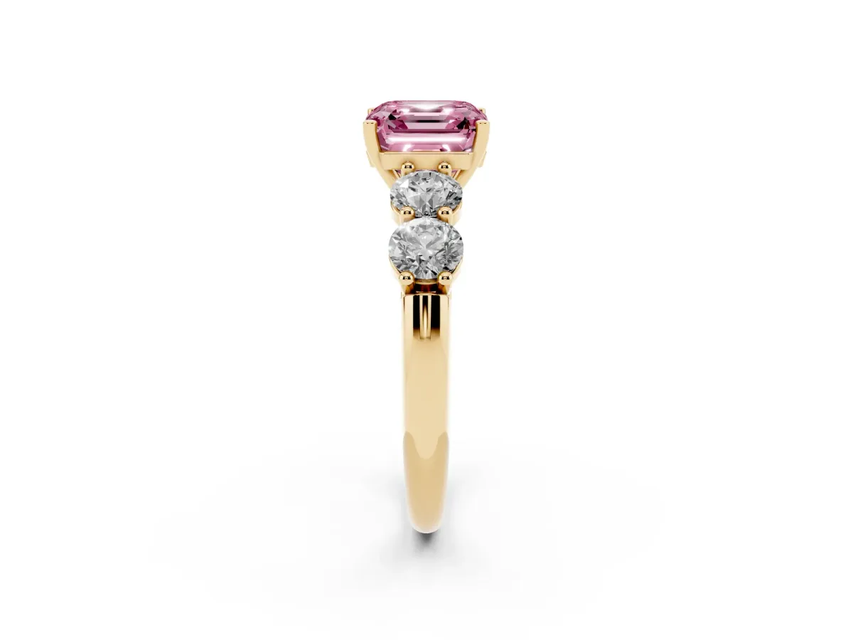 Fancy Pink Asscher Cut Cut Five-Stone Prong Set Diamond Ring with Classic Band Yellow gold