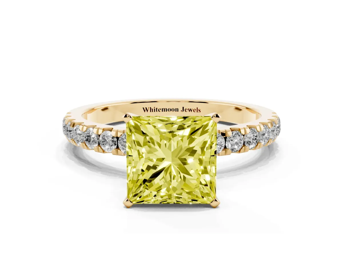 Fancy Yellow Princess Cut Diamond Solitaire Ring with Pavé Accents and Four-Prong Setting Yellow gold