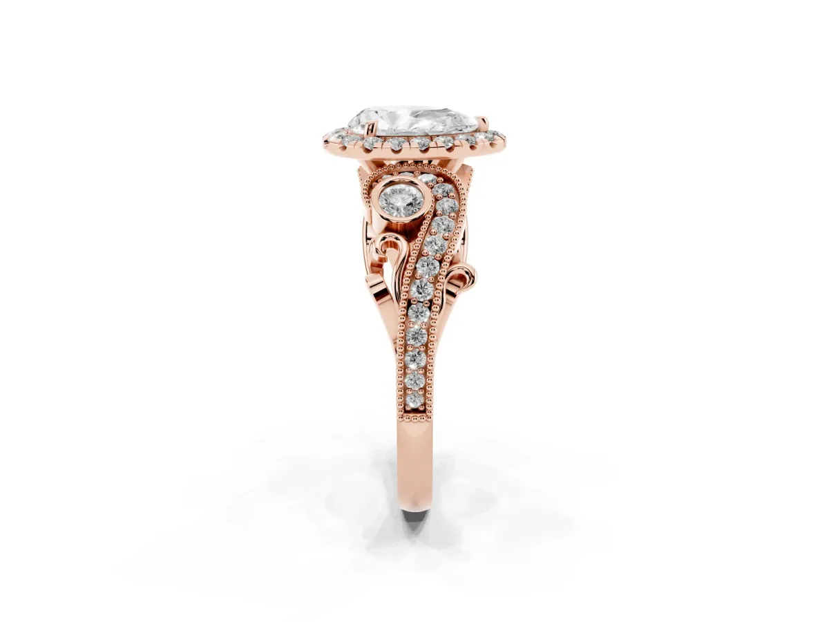Pear Cut Diamond Halo Ring with Milgrain Pavé Band and Four-Prong Setting Rose gold