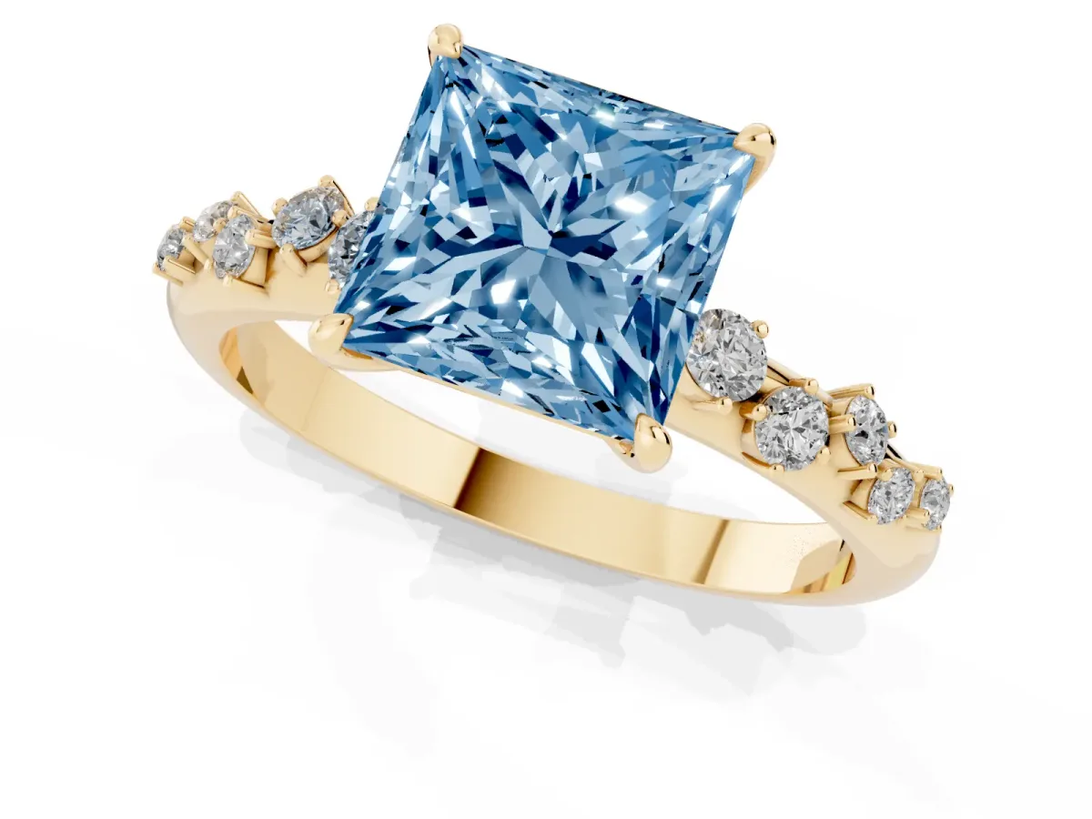Fancy Blue Princess Cut Diamond Cluster Prong-Set Solitaire Ring Yellow gold