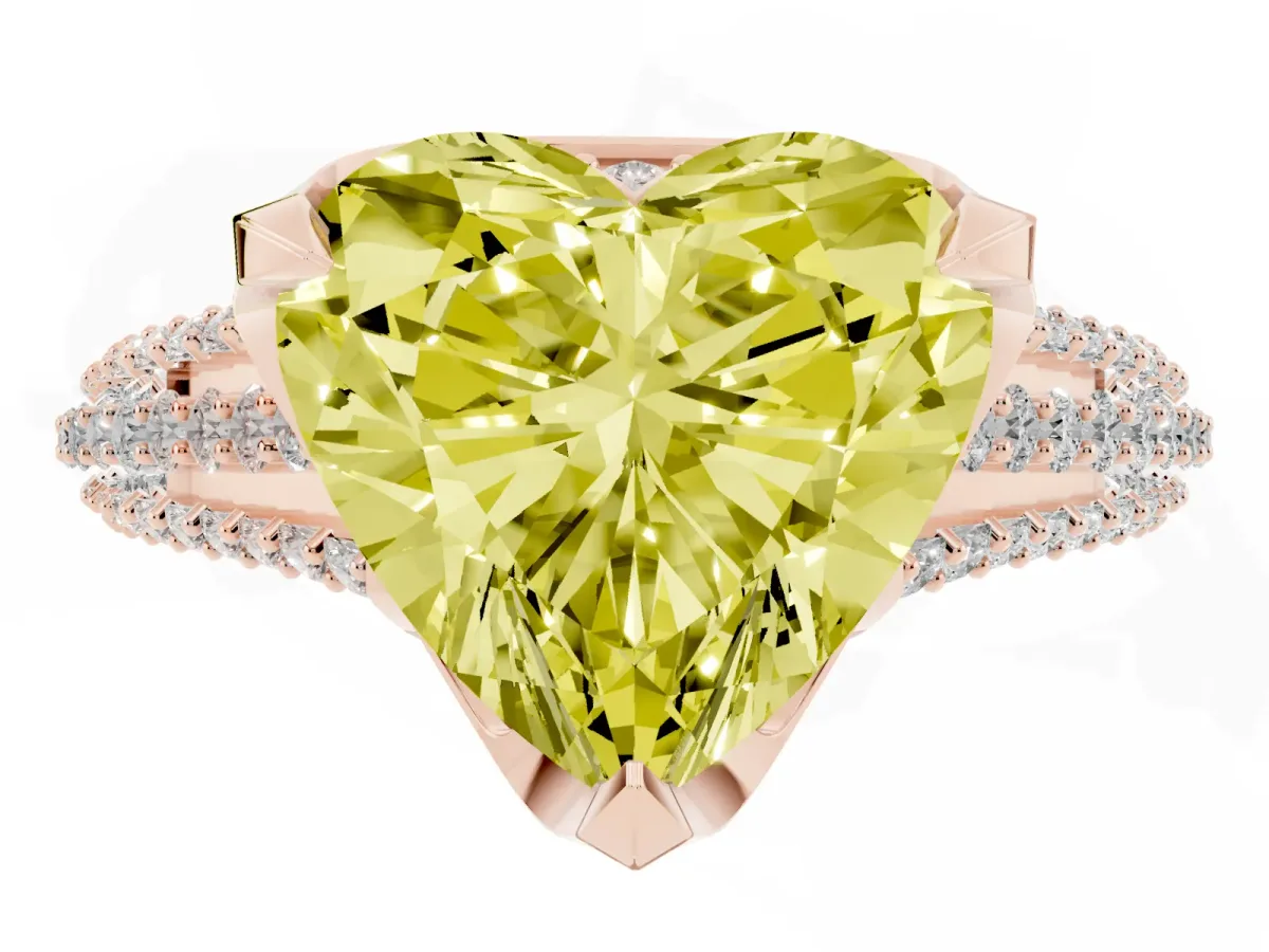 Fancy Yellow Heart Cut Solitaire Pave Split Shank Ring with Four-Prong Setting Rose gold
