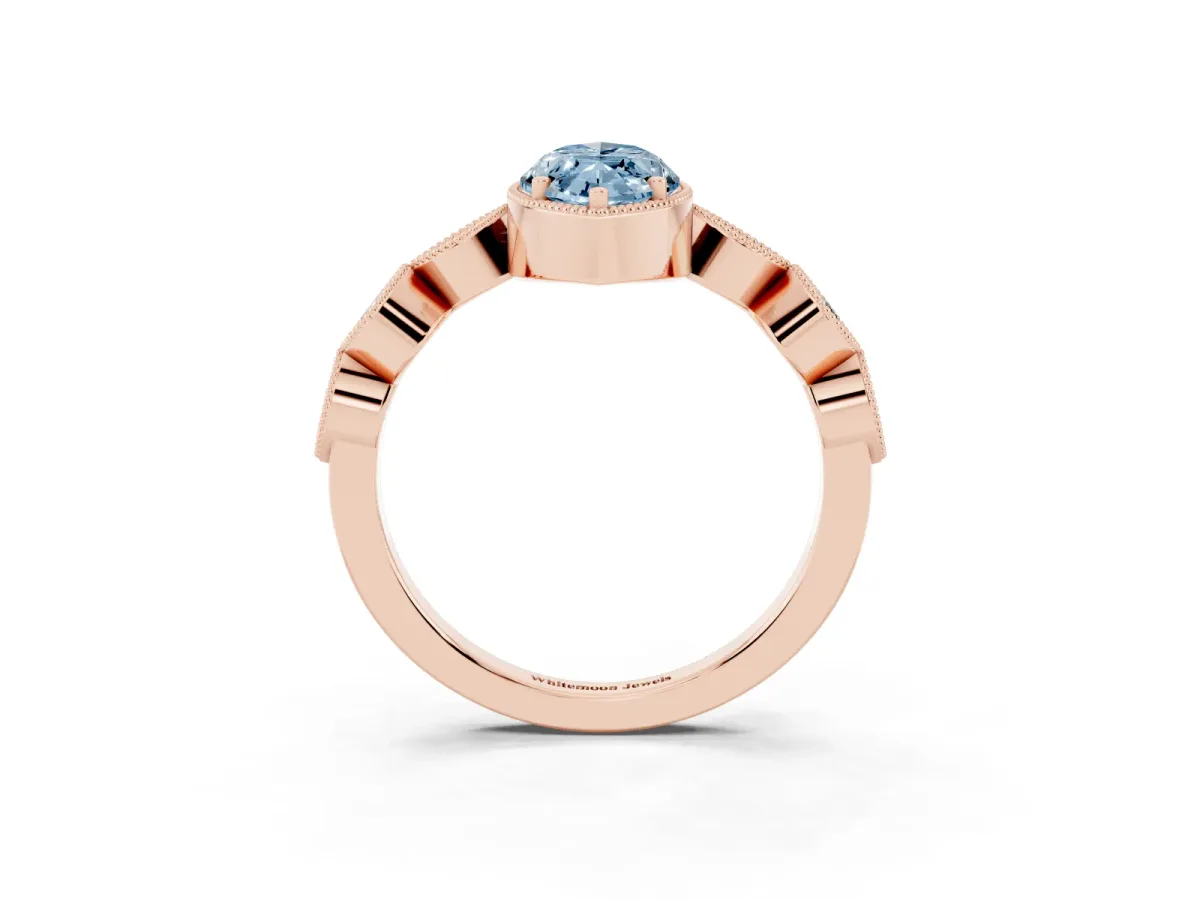 Fancy Blue Marquise Cut Diamond Vintage Milgrain Ring with Round Stations Rose gold