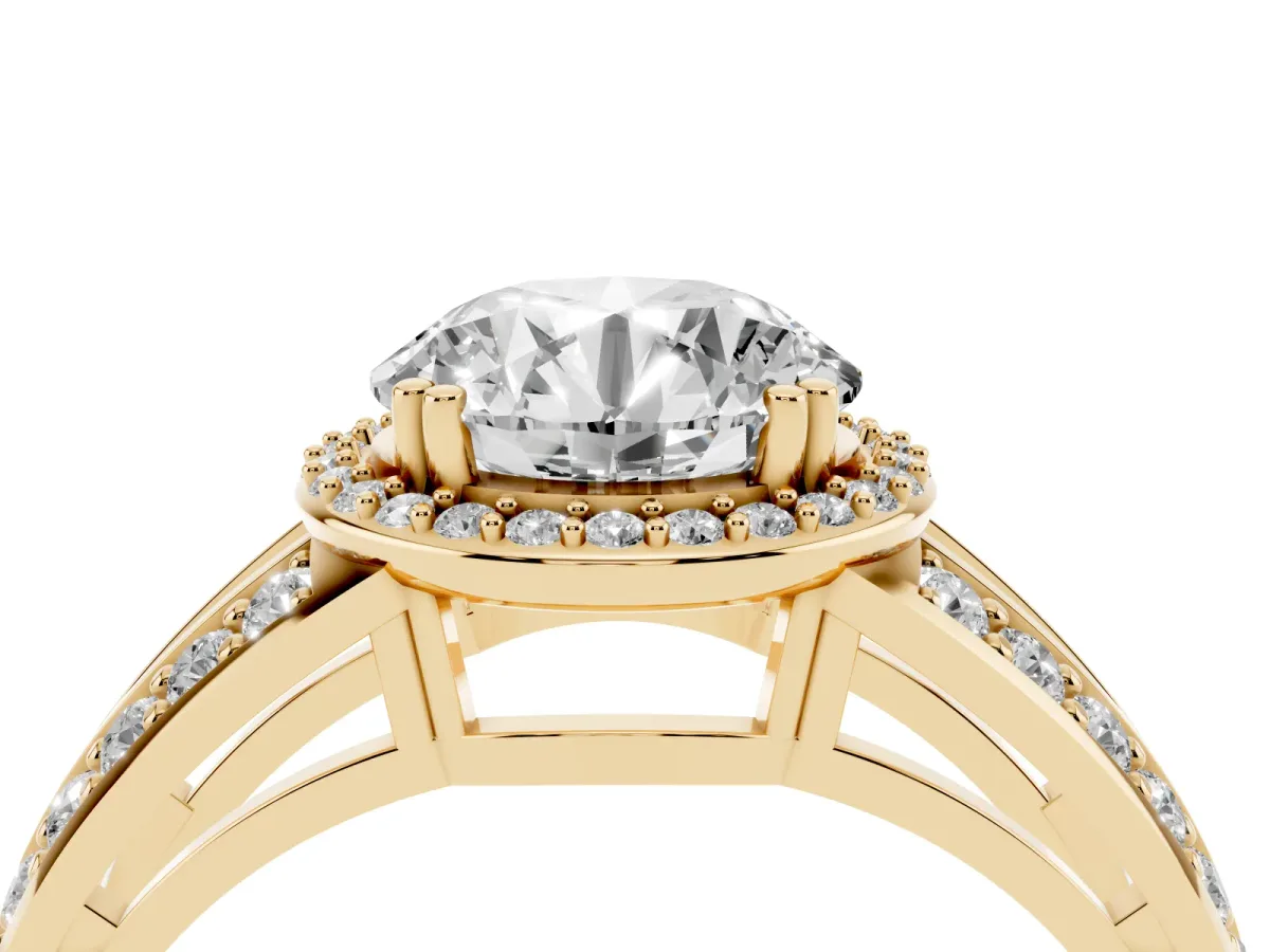 Round Cut Diamond Halo Ring with Split Shank Pavé Band and Four-Prong Setting Yellow gold