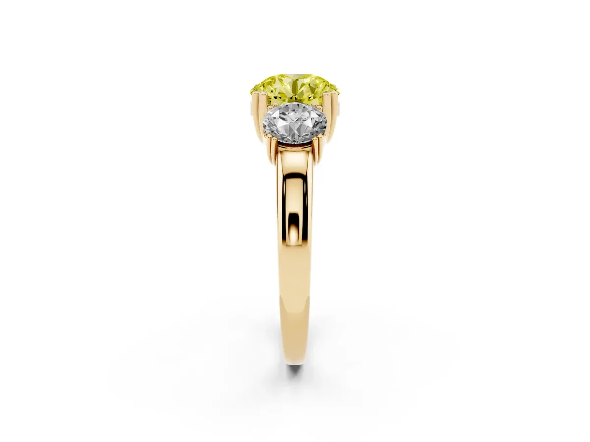Fancy Yellow Three-Stone Round Cut Cut Diamond Ring with Channel Set Band and Four-Prong Setting Yellow gold
