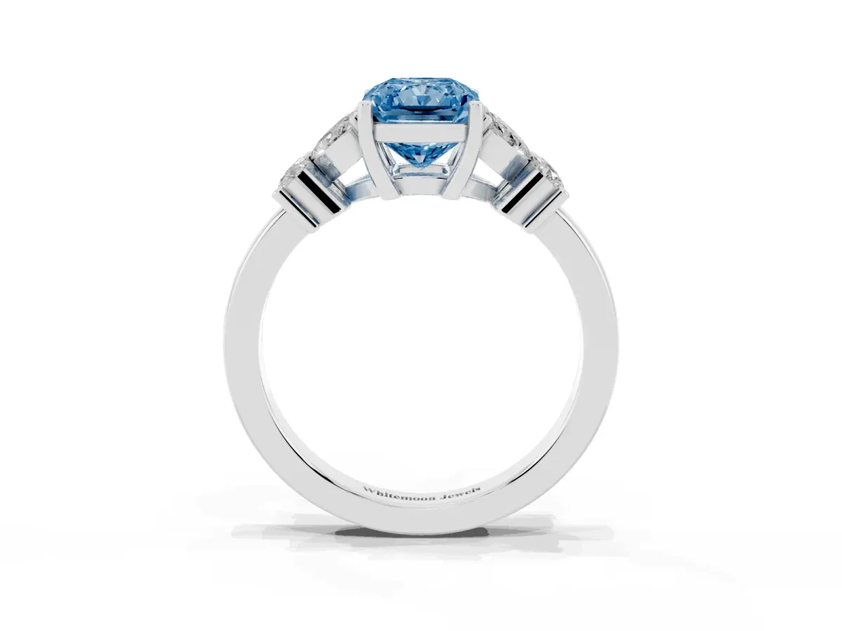 Fancy Blue Radiant Cut Diamond Floral Cluster Ring with Solitaire Band and Prong Setting White gold