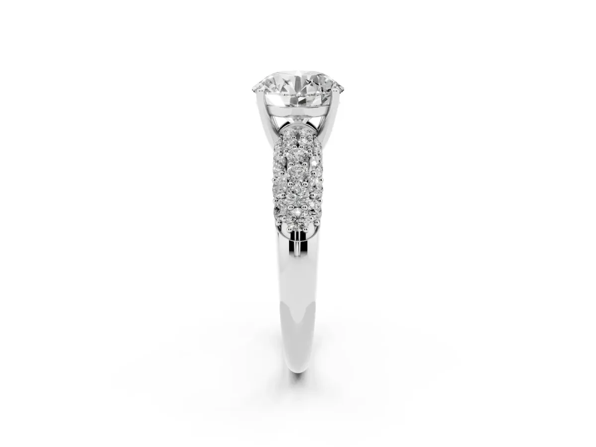 Round Cut Diamond Pavé Band Solitaire Ring with Four-Prong Setting Silver