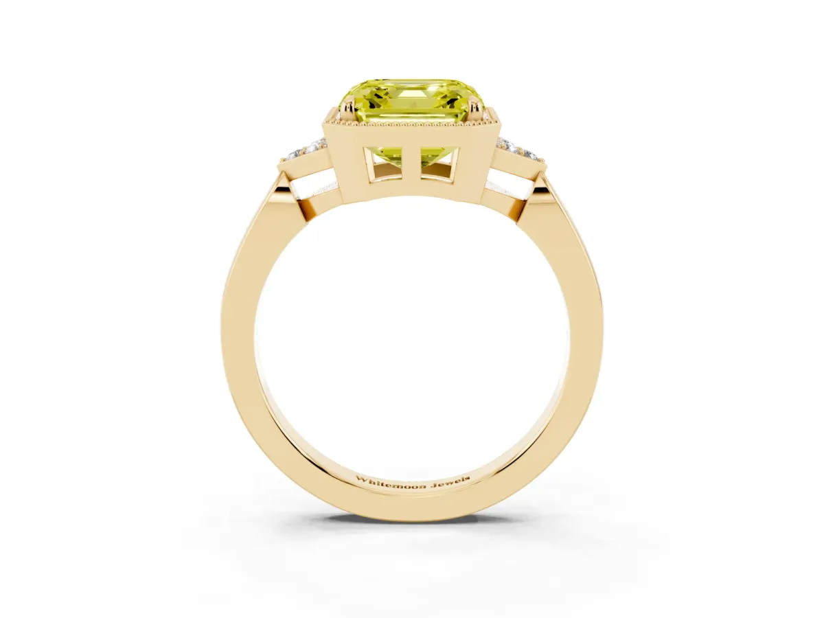 Fancy Yellow Hexagonal Halo Asscher Cut Diamond Solitaire with Pavé Band and Four-Prong Setting Yellow gold