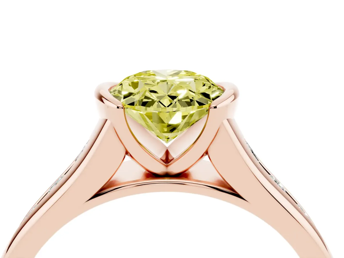 Fancy Yellow Oval Cut Solitaire Bezel-Set Diamond Ring with Channel-Set Band Rose gold