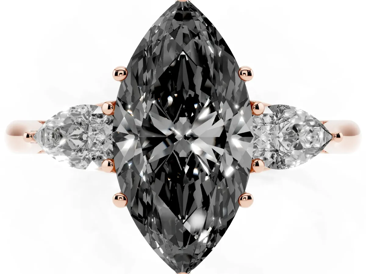 Fancy Black Three-Stone Marquise Cut Brilliant Diamond Solitaire Ring with Tapered Band and Four-Prong Setting Rose gold