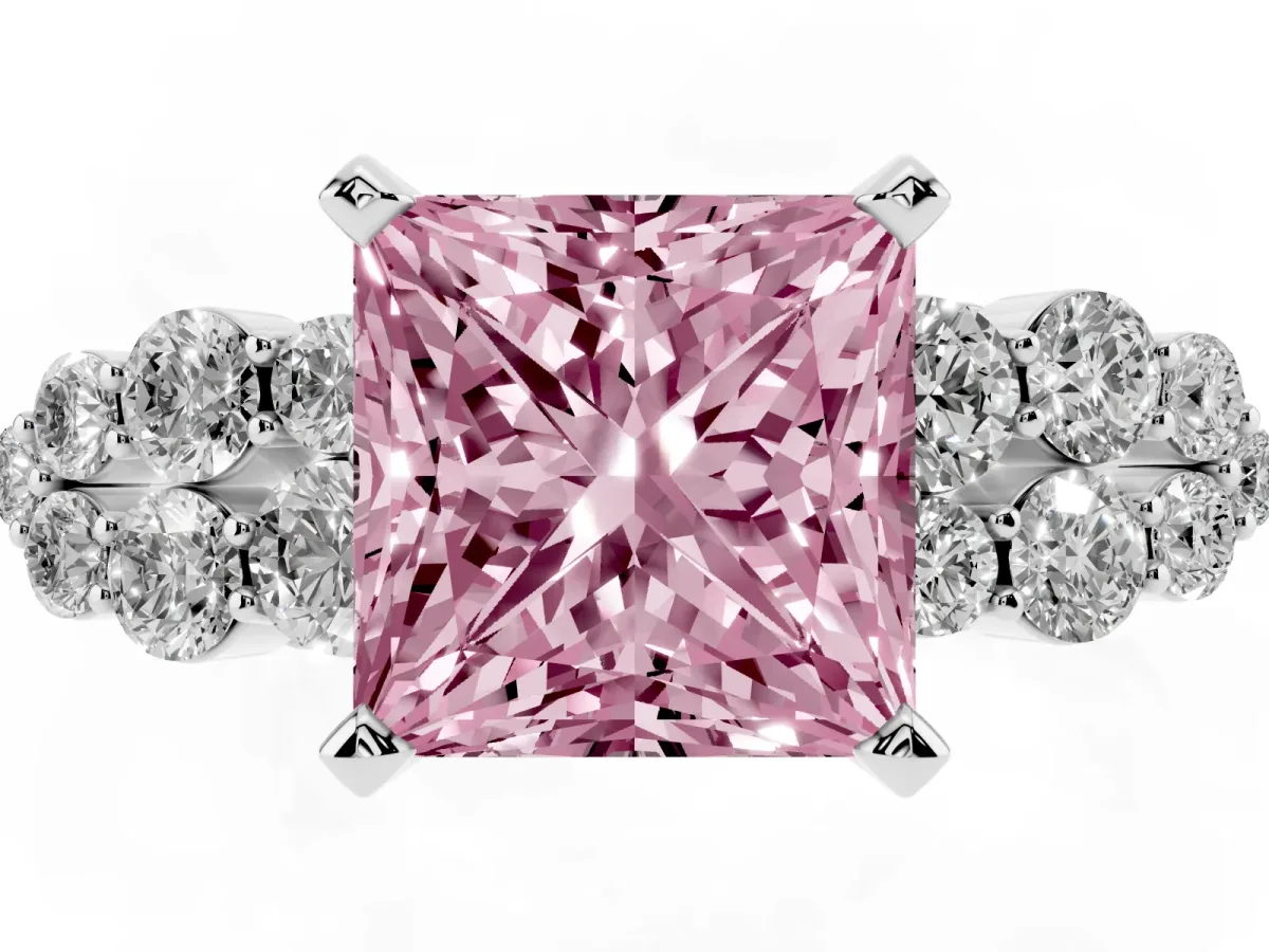 Fancy Pink Princess Cut Cluster Diamond Engagement Ring with Pavé Band and Four-Prong Setting Silver