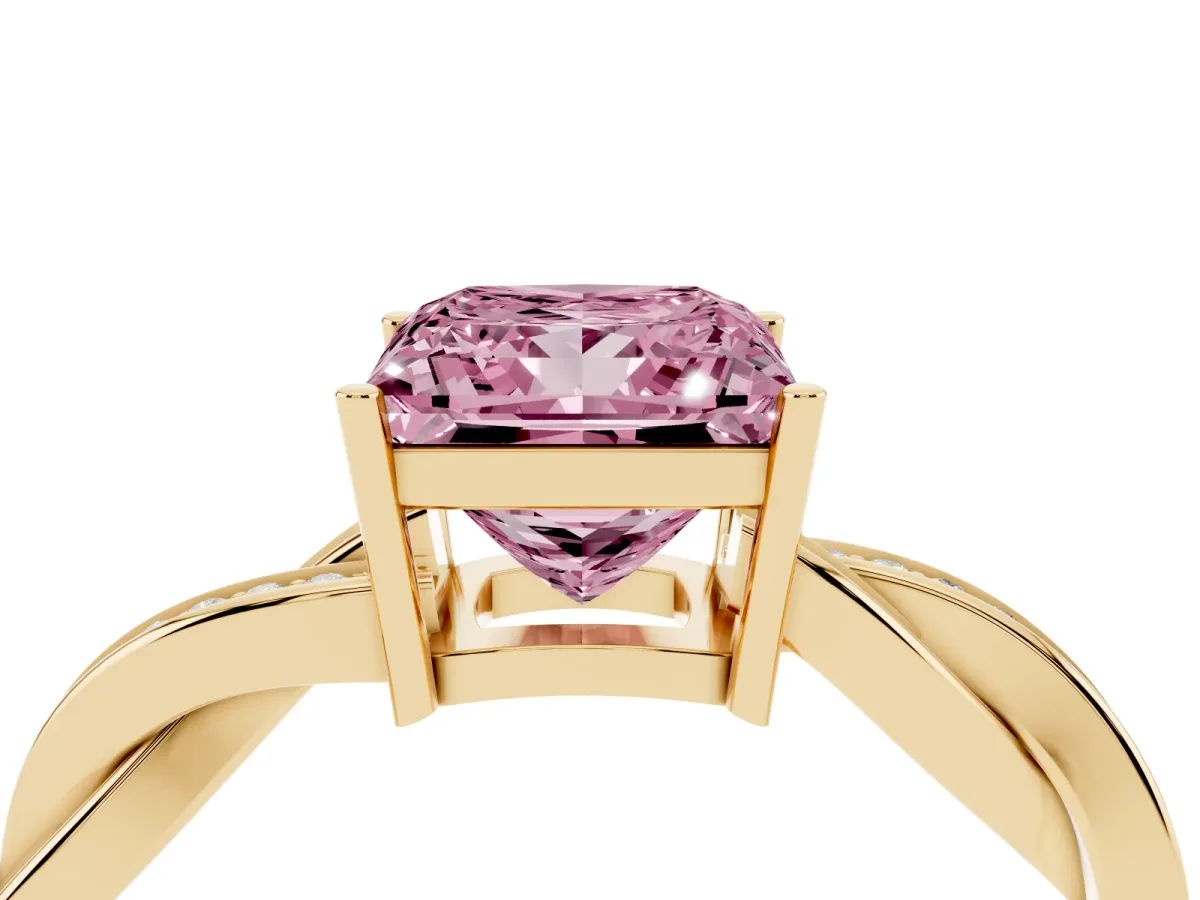 Fancy Pink Princess Cut Solitaire Twisted Pave Diamond Ring with Four-Prong Setting Yellow gold