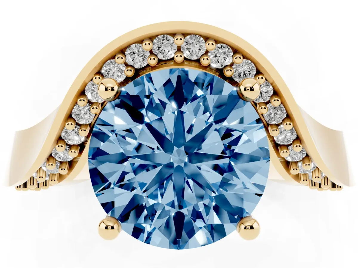 Fancy Blue Round Cut Solitaire Diamond Engagement Ring with Pave Band and Four-Prong Setting Yellow gold