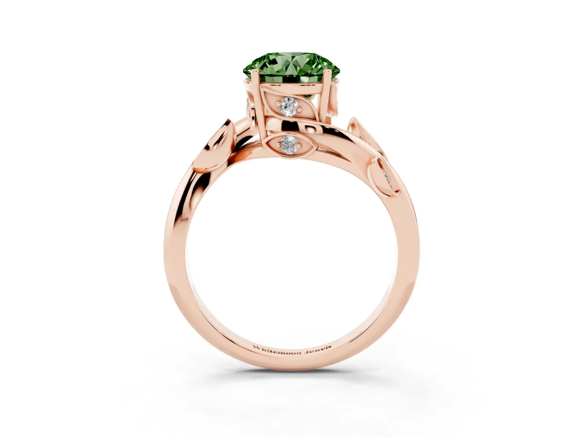 Fancy Green Round Cut Solitaire Twist Engagement Ring with Leaf Accents and Prong Setting Rose gold