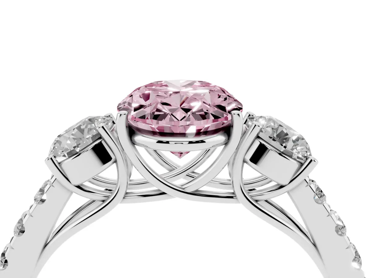 Fancy Pink Oval Cut Cut Diamond Three-Stone Ring with Round Side Stones and Pavé Band Silver
