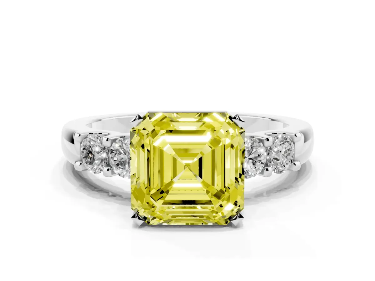 Fancy Yellow Asscher Cut Brilliant Cut Diamond Five-Stone Prong Set Engagement Ring with Channel Band Platinum