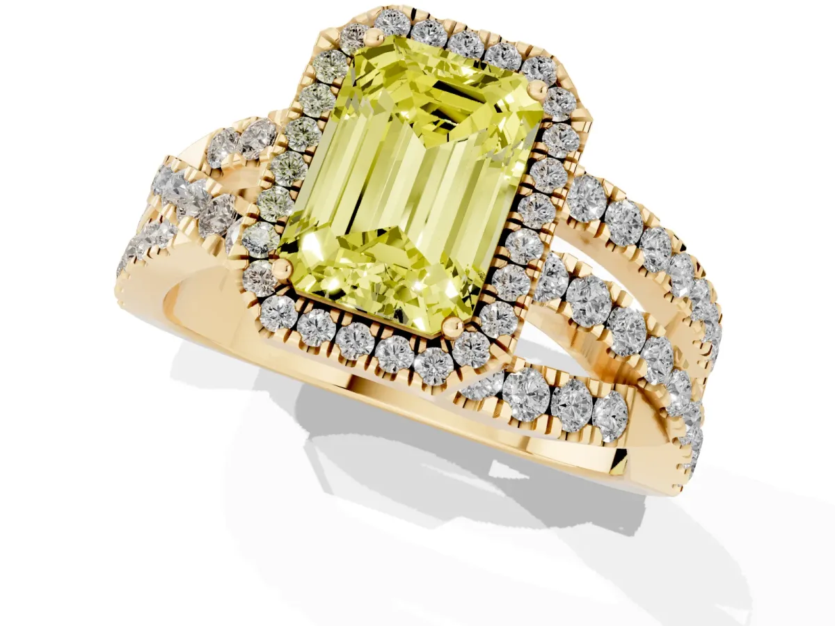Fancy Yellow Emerald Cut Diamond Halo Ring with Round Split Shank and Prong Setting Yellow gold