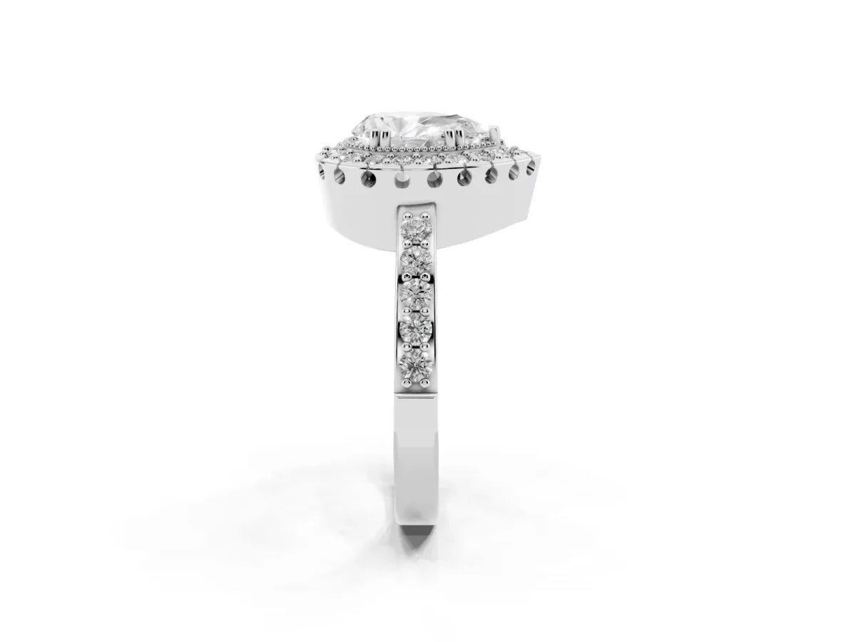 Pear Cut Diamond Halo Ring with Pavé Band and Prong Setting Silver