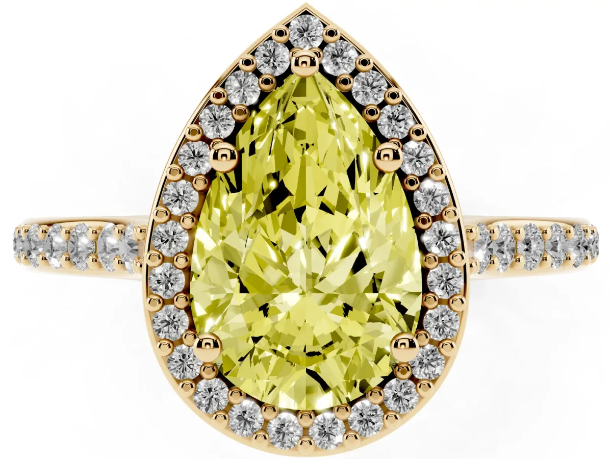 Fancy Yellow Pear Cut Diamond Halo Engagement Ring with Round Pavé Shoulders and Prong Setting Yellow gold