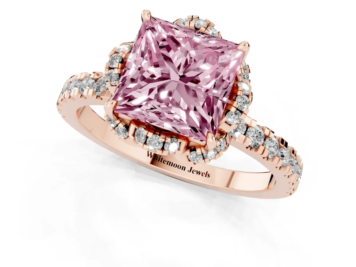 Fancy Pink Princess Cut Halo Diamond Pave Band Ring with Four-Prong Setting Rose gold