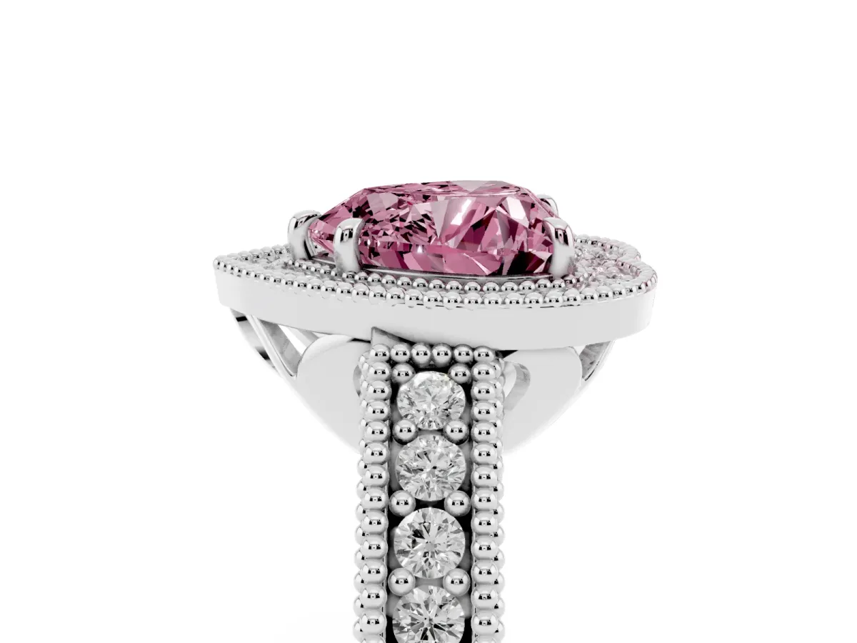 Fancy Pink Heart Cut Cut Halo Diamond Ring with Pavé Band and Four-Prong Setting Platinum