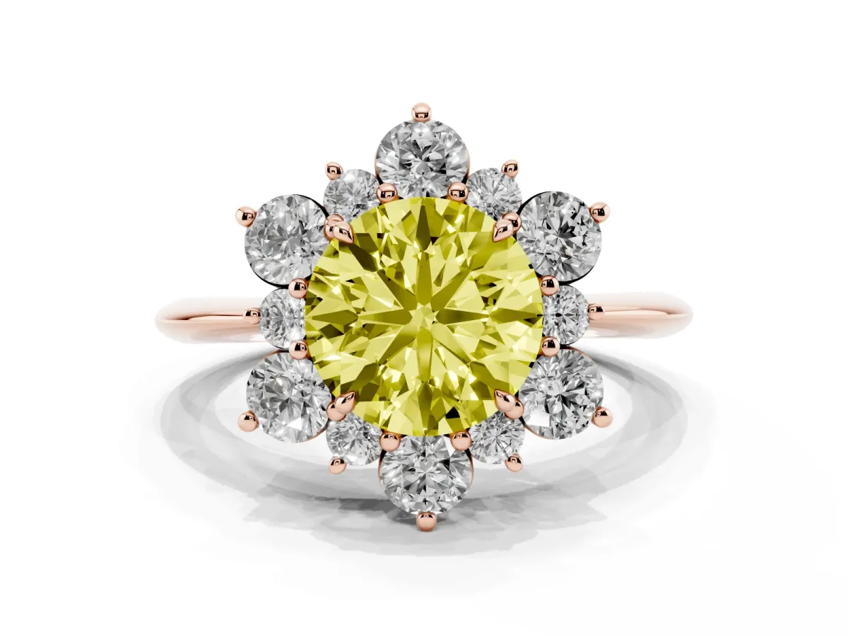 Fancy Yellow Round Cut Diamond Cluster Halo Ring with Solitaire Band and Four-Prong Setting Rose gold