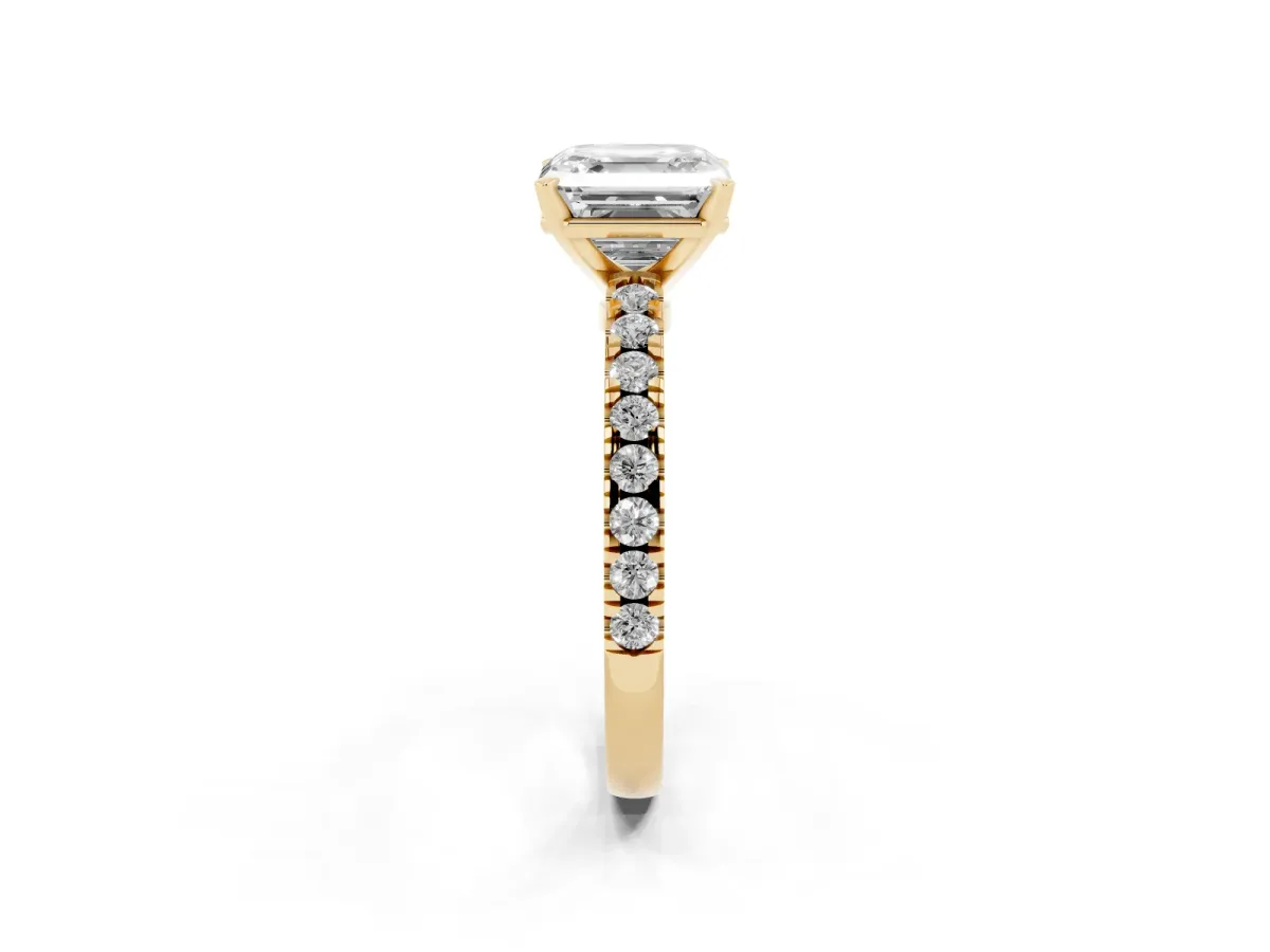 Asscher Cut Solitaire Diamond with Pavé Band and Four-Prong Setting Yellow gold